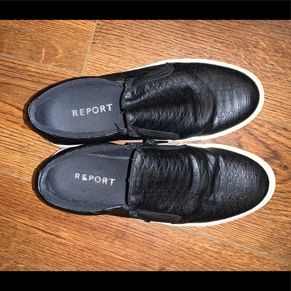 Report black snakeskin slip ons